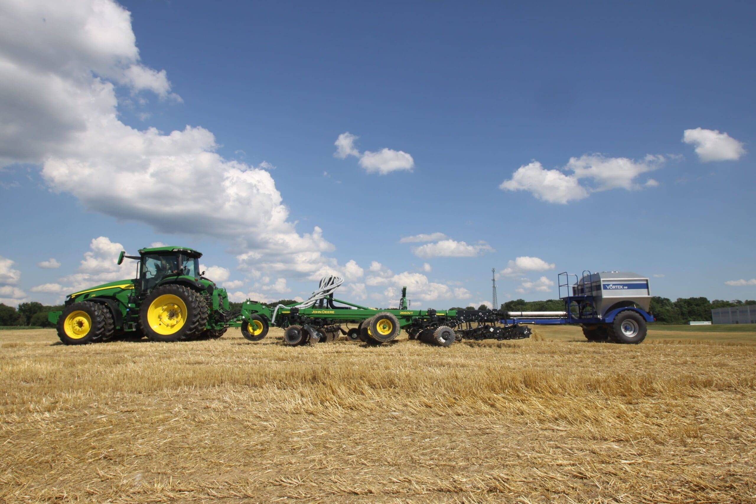 Tractor in field using Vortek seeder
